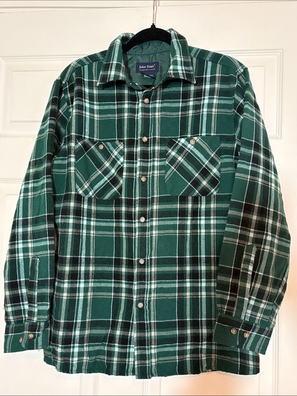 John Blair Green Plaid Flannel Button Up Green Tartan with Chest Pockets Medium